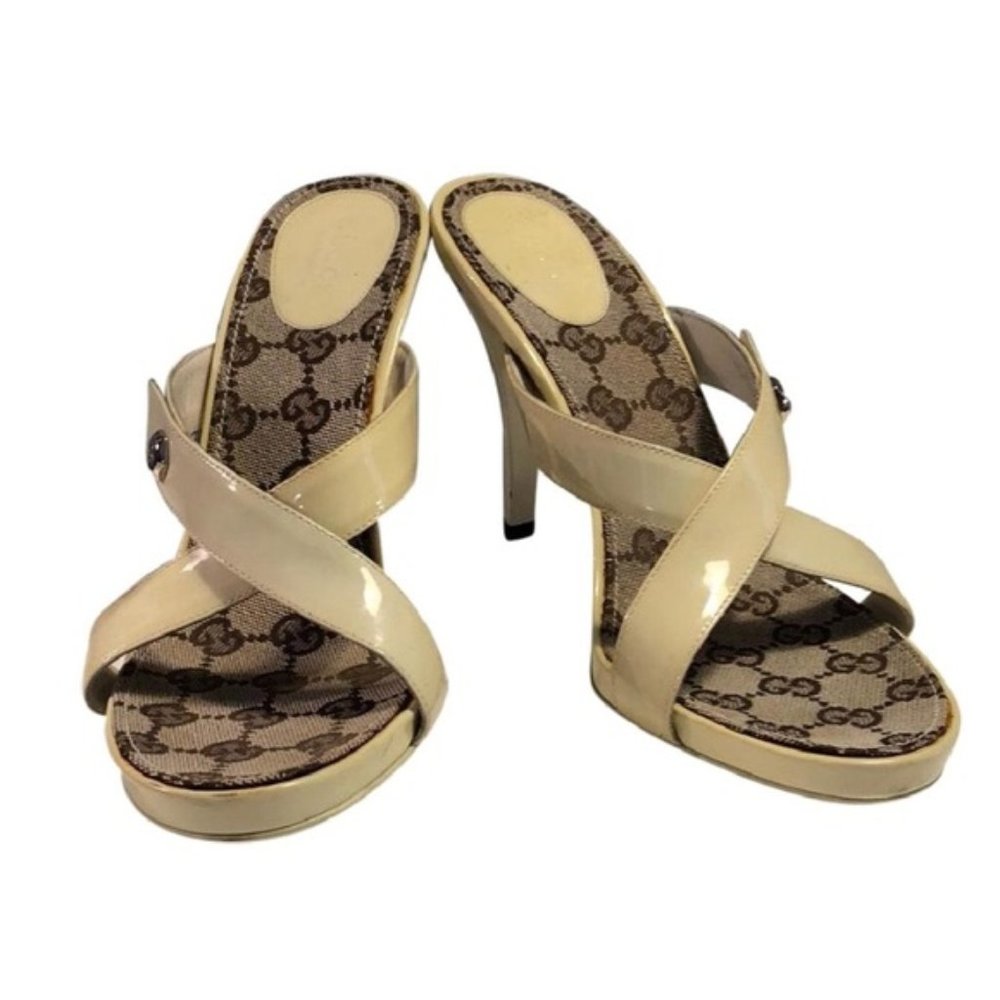Gucci Patent Leather Monogram Heel Sandals